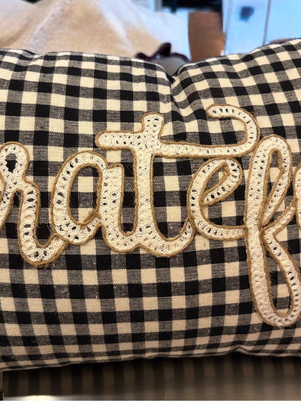 Crocheted Script Accent Pillow on Black and White Gingham